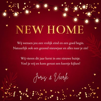 Kerstverhuiskaart rood huisjes lampjes goudlook 3