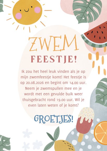 Kinder- zwemfeestje uitnodiging tropisch met fruit 3