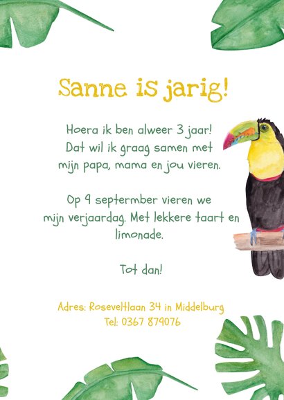 Kinderfeestje kaart met toekans voor jungle thema feest! 3