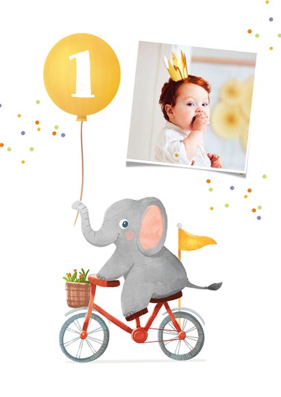 Kinderfeestje olifant op fiets ballon foto confetti 2