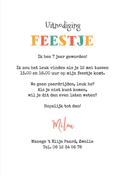 Kinderfeestje paarden uitnodiging manege confetti feest 3