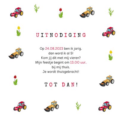 Kinderfeestje tractor boerderij uitnodiging jongen stoer 3