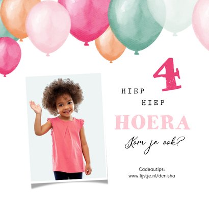 Kinderfeestje uitnodiging ballonnen roze mint waterverf foto 2