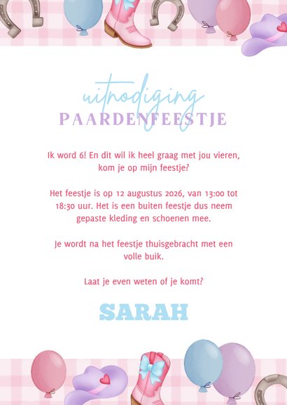 Kinderfeestje uitnodiging cowboy paardenfeestje 3