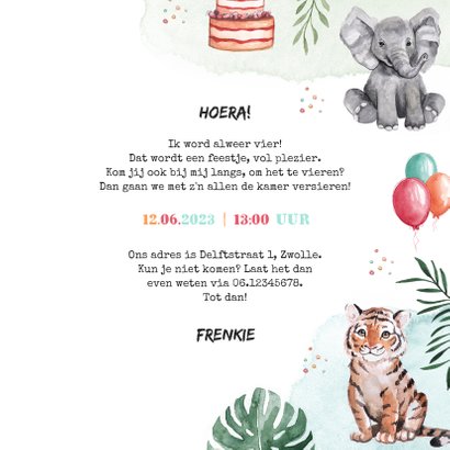 Kinderfeestje uitnodiging dieren jungle olifant giraf tijger 3