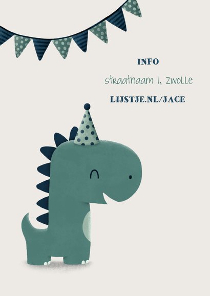 Kinderfeestje uitnodiging dinosaurus met hoedje en vlagjes 2