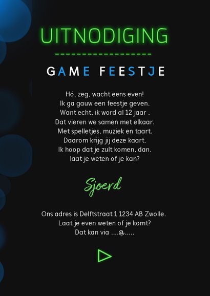 Kinderfeestje uitnodiging game party neon 3