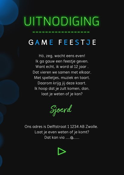 Kinderfeestje uitnodiging game party neon 3