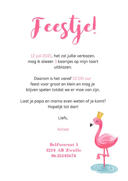 kinderfeestje uitnodiging hip voor meisje met flamingo 3