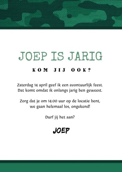 Kinderfeestje uitnodiging jongen leger survival jungle 3