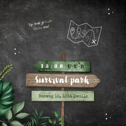 Kinderfeestje uitnodiging jungle wegwijzers krijt 2