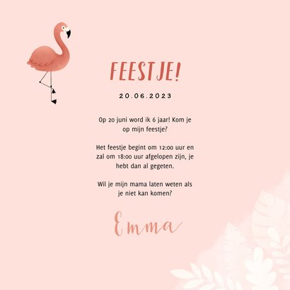 Kinderfeestje uitnodiging meisje met flamingo, jungle & foto 3