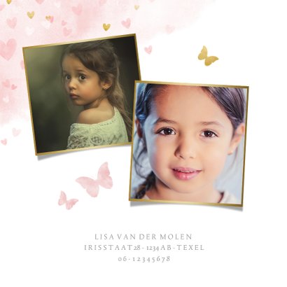 Kinderfeestje uitnodiging meisje met roze en gouden hartjes 2