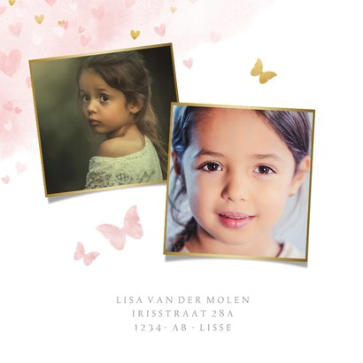 Kinderfeestje uitnodiging meisje met roze en gouden hartjes 2