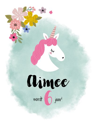 Kinderfeestje uitnodiging met eenhoorn en bloemen 2