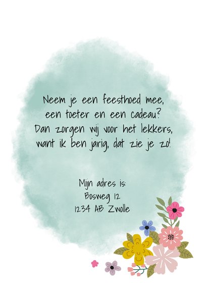 Kinderfeestje uitnodiging met eenhoorn en bloemen 3