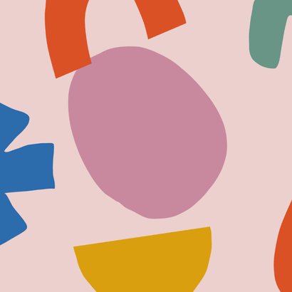 Kinderfeestje uitnodiging met kleurrijke abstracte vormen Achterkant