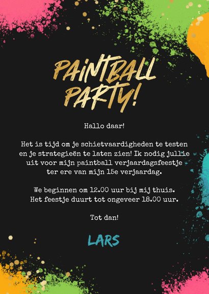 Kinderfeestje uitnodiging paintball stoer verf foto goud 3