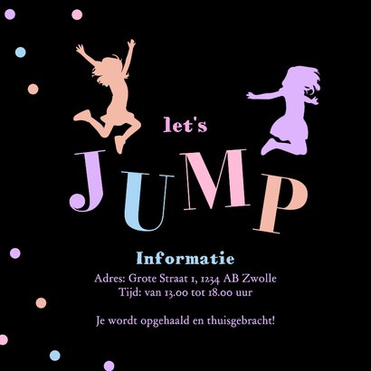Kinderfeestje uitnodiging trampoline springen zwart 2