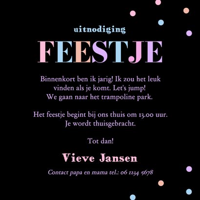 Kinderfeestje uitnodiging trampoline springen zwart 3