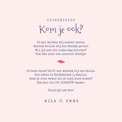 Kinderfeestje uitnodiging tweeling eenhoorns snoep confetti 3