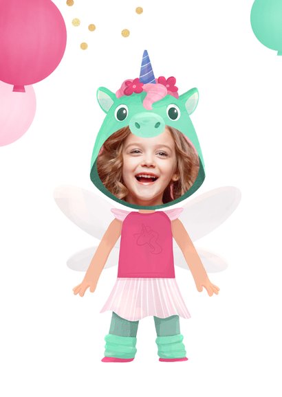 Kinderfeestje uitnodiging unicorn eenhoon ballonnen confetti 2