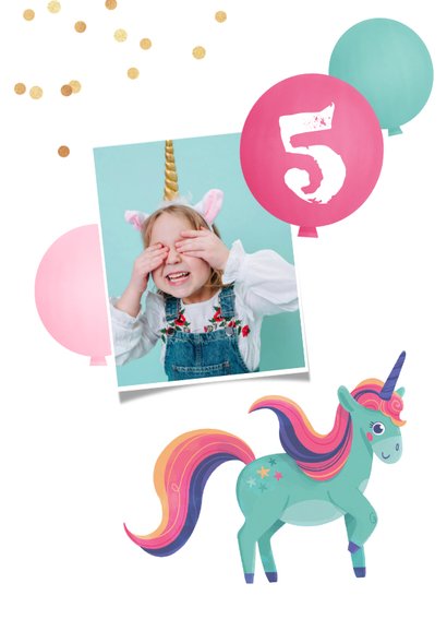 Kinderfeestje uitnodiging unicorn feestje ballonnen confetti 2