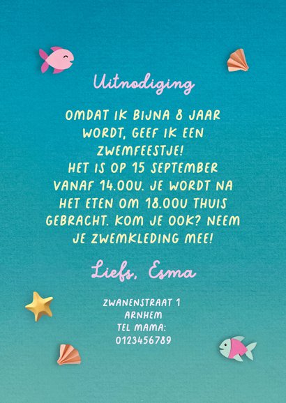 Kinderfeestje uitnodiging zwemfeestje zeemeermin 3
