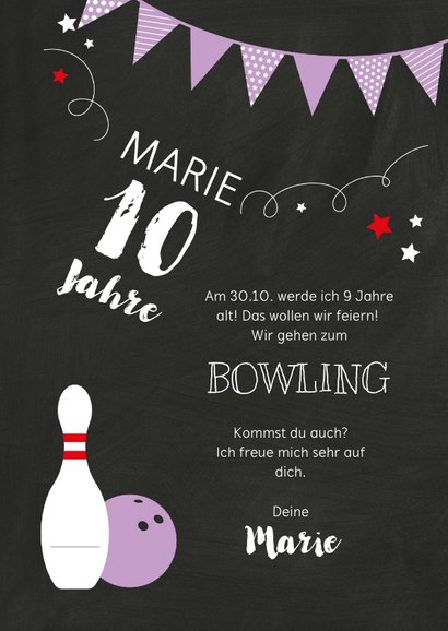 Kindergeburtstagseinladung Bowling lila 3