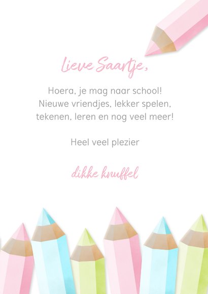 Kinderkaart Veel plezier op school roze kleurpotloden 3