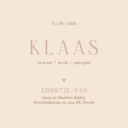 Klassiek geboortekaartje gansje strikje jongen beige 3