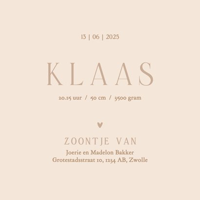 Klassiek geboortekaartje gansje strikje jongen beige 3