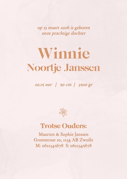 Klassiek roze geboortekaartje waterverf bloemen koperfolie 3