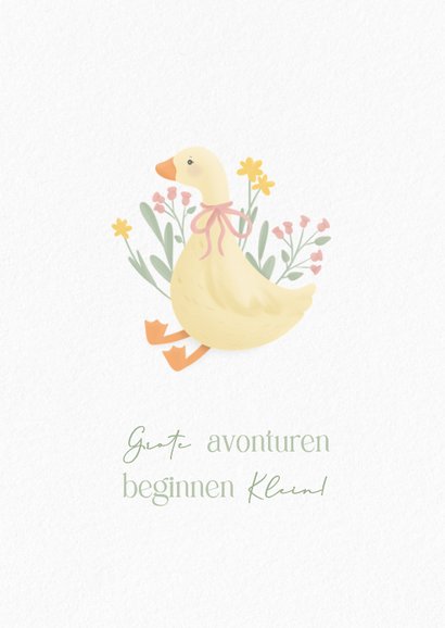 Klassiek wit geboortekaartje meisje met gansje en bloemen 2