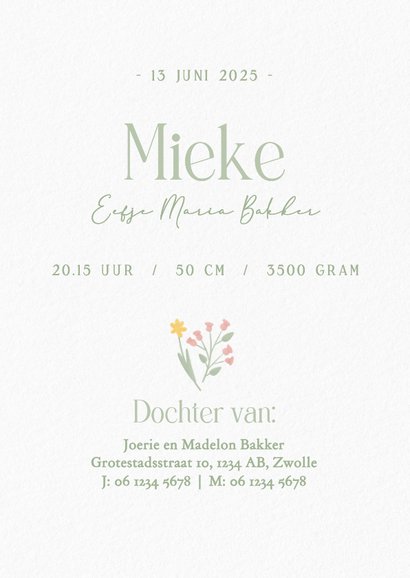 Klassiek wit geboortekaartje meisje met gansje en bloemen 3