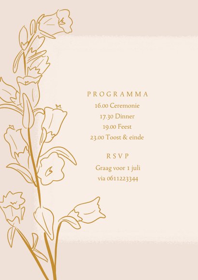 Klassieke beige trouwkaart met lijnillustratie van bloemen 2