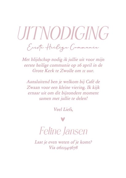 Klassieke communie uitnodiging roze waterverf met kader 3