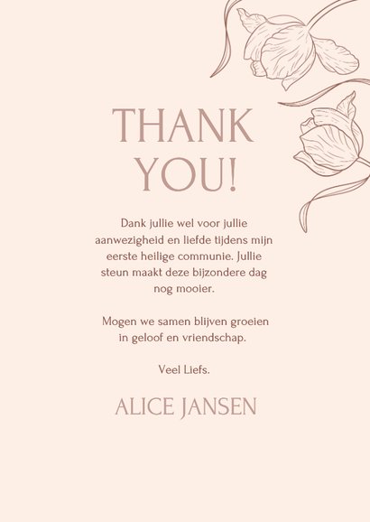 Klassieke communiekaart bedankt met foto en tulpen 3