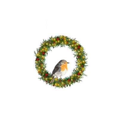 Klassieke kerstkaart met roodborstje in kerstkrans Achterkant