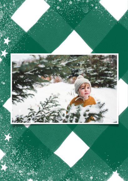 Klassieke kerstkaart met ruitenpatroon, sneeuw en grote foto 2