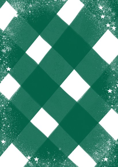 Klassieke kerstkaart met ruitenpatroon, sneeuw en grote foto Achterkant