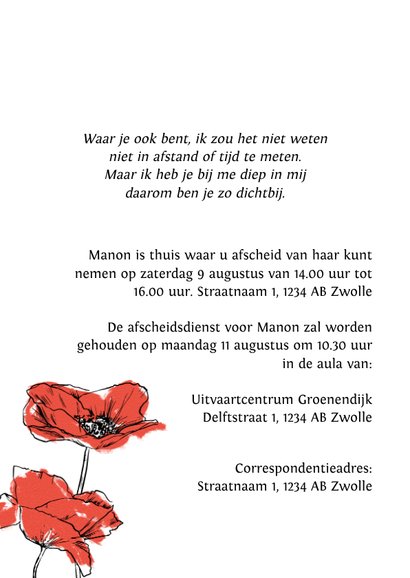 Klassieke rouwkaart lijnillustratie klaprozen 2