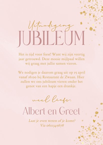 Klassieke roze jubileumkaart 50 met foto en gouden zwanen  3