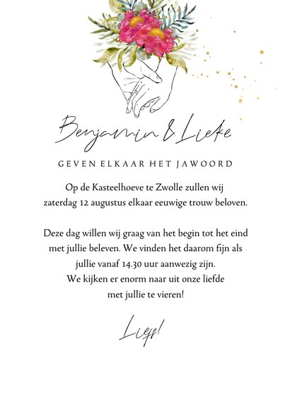 Klassieke trouwkaart lijnillustratie handen botanisch goud 3