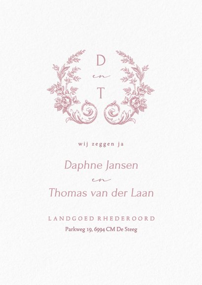 Klassieke trouwkaart met vintage roze boeket met rozen 2