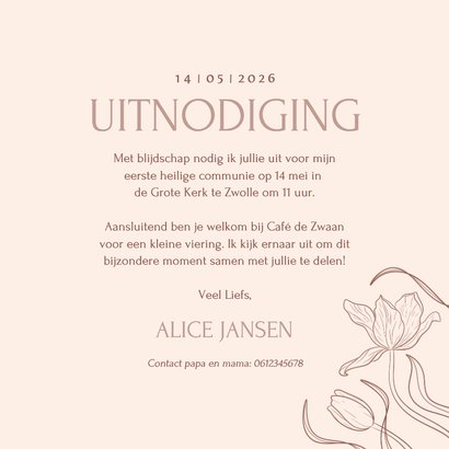 Klassieke uitnodiging communie met vintage tulpen beige 3