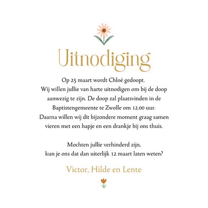 Klassieke uitnodiging doopsel kleine bloemen lente goudfolie 3