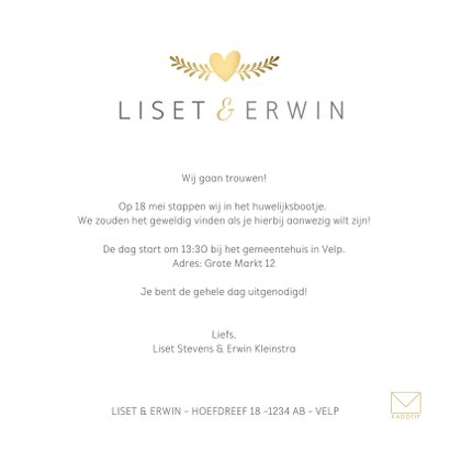 Klassieke witte trouwkaart met gouden duifjes en eigen namen 3
