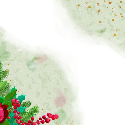 Kleurige kerstkaart met roos en diverse kersttakjes Achterkant