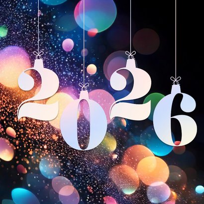 Kleurrijke chique nieuwjaarskaart met grote 2026 2